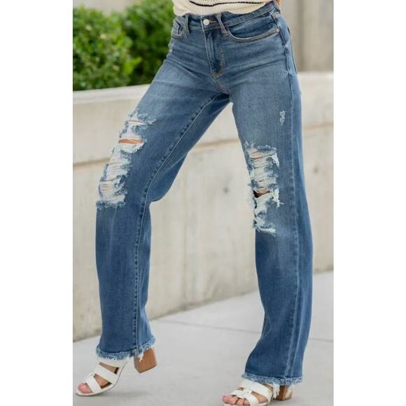 Judy Blue Honey Mid Rise Dad Jean‎ Size 14W (32x32) Distressed Raw Hem Stretchy - Picture 2 of 12